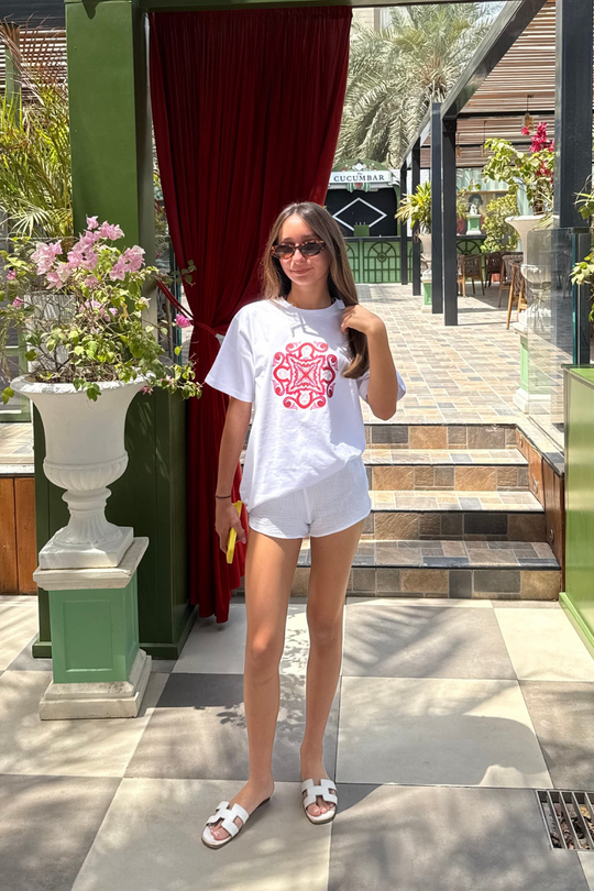 Mini pink tile white printed premium t-shirt
