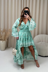 Eloise turquoise embellished high low tiered dress