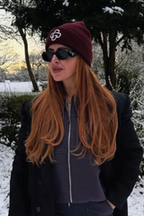 G monogram burgundy embroidered knit beanie hat