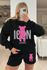 icon teddy black & pink sweater short loungewear set