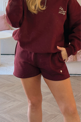 SELF LOVE SOCIETY BURGUNDY & WHITE EMBROIDERED SHORTS HANNAH BRIGGS