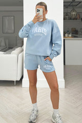 Paris Madame Baby Blue Embroidered Sweater Short Set Loungewear