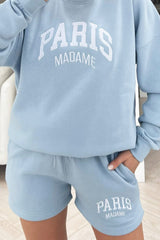 Paris Madame Baby Blue Embroidered Sweater Short Set Loungewear
