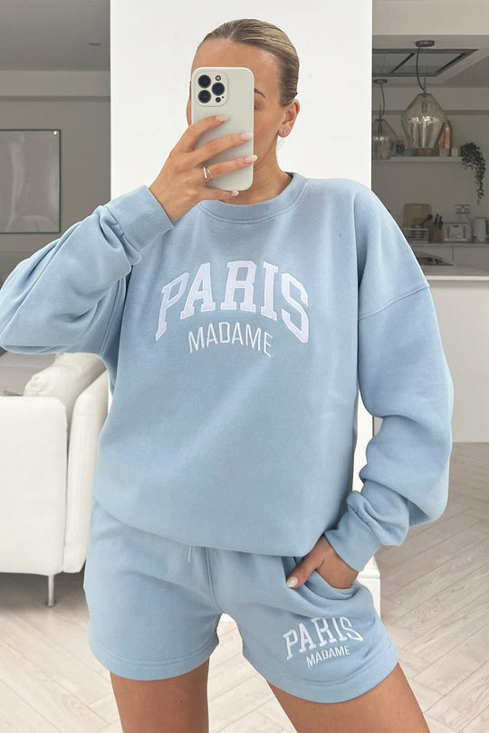 paris madame baby blue embroidered sweater short set