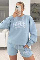 Paris Madame Baby Blue Embroidered Sweater Short Set Loungewear