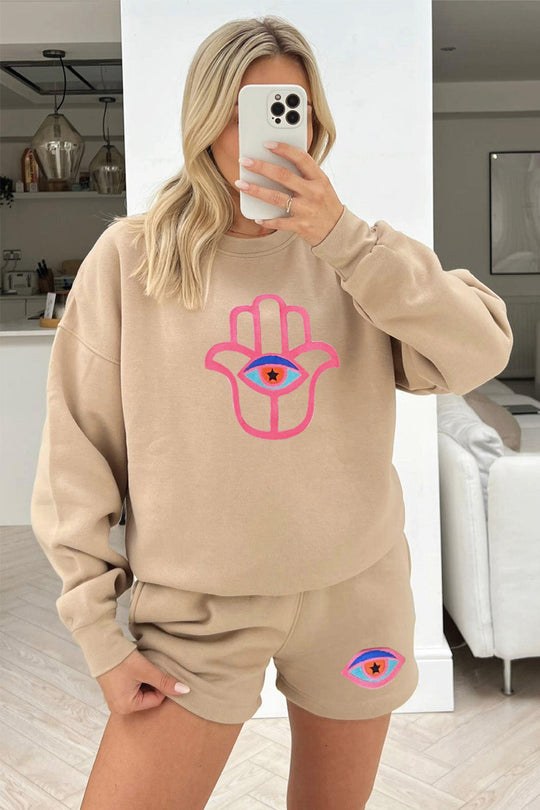 Hamsa Hand Stone Embroidered sweater short loungewear set