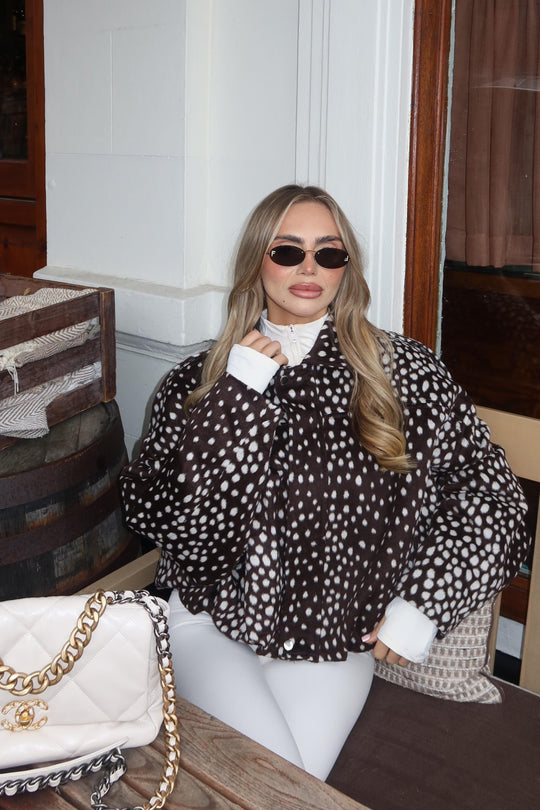 BLISS CHOCOLATE DEER PRINT BALLOON ZIP FUR JACKET