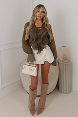 Charlotte khaki lace up rose detail chiffon blouse