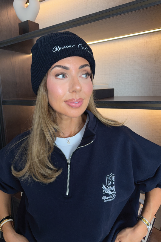 RESORT COLLECTIVE EMBROIDERED NAVY BEANIE