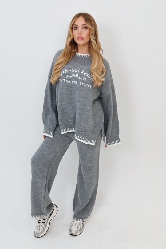 Apres Ski embroidered grey knitted jumper and trousers