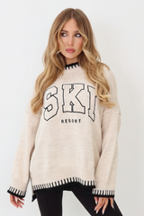 Ski resort embroidered cream knit jumper