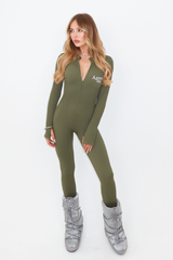 Apres ski khaki embroidered ribbed unitard
