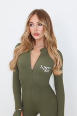 Apres ski khaki embroidered ribbed unitard
