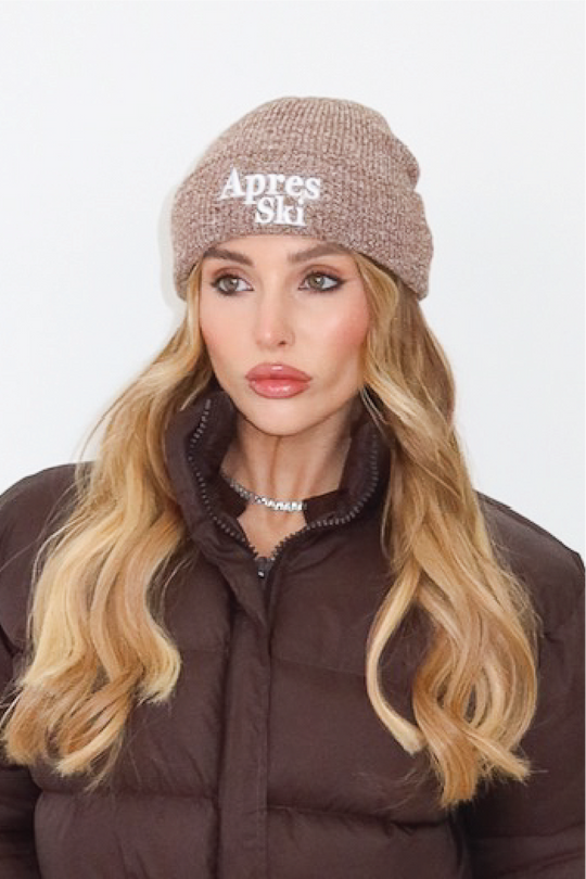 Apres ski beige embroidered knit beanie hat
