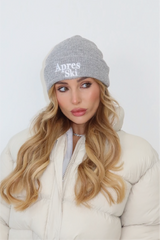 Apres ski grey embroidered knit beanie hat