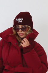 Apres ski burgundy embroidered knit beanie hat