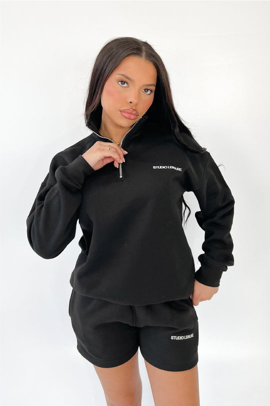 Studio Leisure essential black embroidered premium 3/4 zip sweater