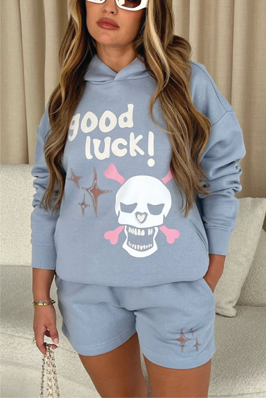 Good Luck Baby Blue Premium Hoodie Short Loungewear Set