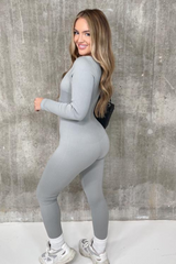 Keevah Grey Long Sleeve Ribbed Bodycon Jumpsuit Leotards & Unitards