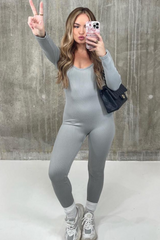 Keevah Grey Long Sleeve Ribbed Bodycon Jumpsuit Leotards & Unitards