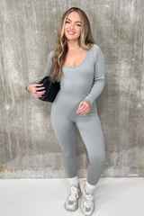 Keevah Grey Long Sleeve Ribbed Bodycon Jumpsuit Leotards & Unitards