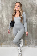 Keevah Grey Long Sleeve Ribbed Bodycon Jumpsuit Leotards & Unitards