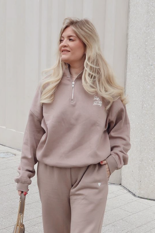 SELF LOVE SOCIETY MOCHA & CREAM 3D EMBROIDERED 3/4 ZIP SWEATER