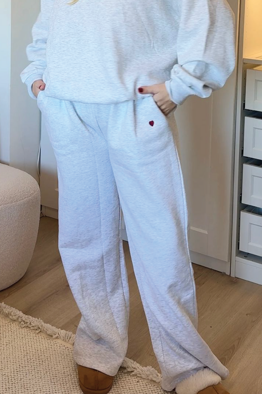 SELF LOVE SOCIETY HEART MARL GREY & BURGUNDY EMBROIDERED STRAIGHT LEG JOGGERS