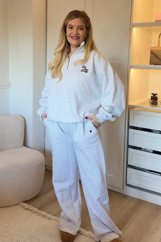 SELF LOVE SOCIETY MARL GREY & BURGUNDY 3D EMBROIDERED 3/4 ZIP SWEATER