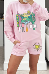 Hollywood Baby Pink Printed sweater short loungewear set