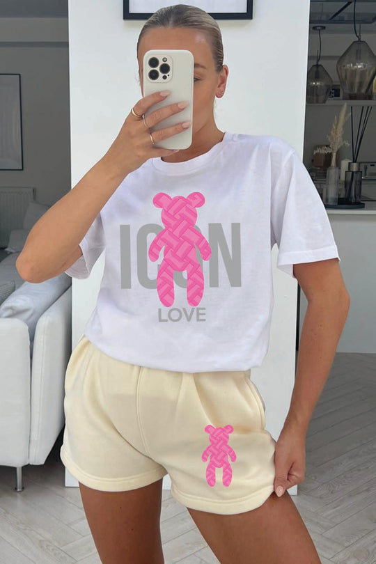 Icon Teddy white & Ecru printed short tee coord