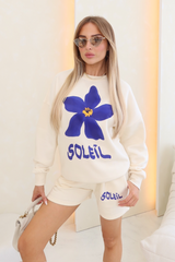 Soleil ecru printed sweater shorts loungewear