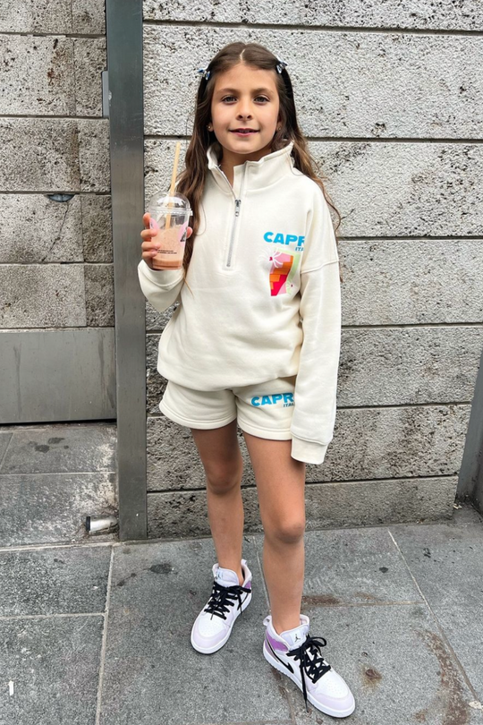 Mini Capri ecru printed 3/4 zip sweater shorts loungewear