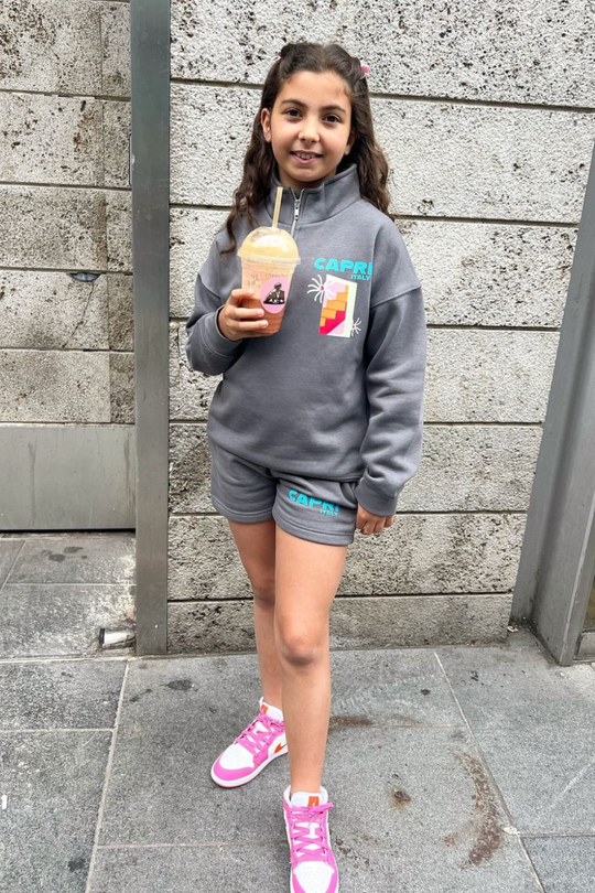 Mini Capri steel grey printed 3/4 zip sweater shorts loungewear