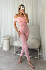 Ivy baby pink lace off the shoulder jumpsuit Glamify Famous For Loungewear