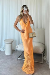 Tiah orange satin lace trim maxi dress