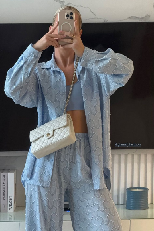 Mila blue satin shirt and trousers co-ord