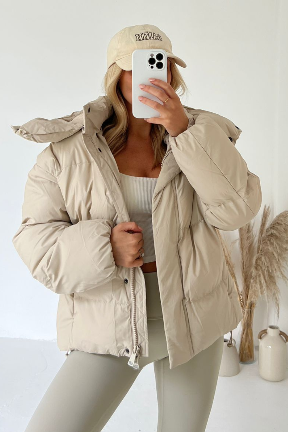 Cream cropped puffer jacket shop
