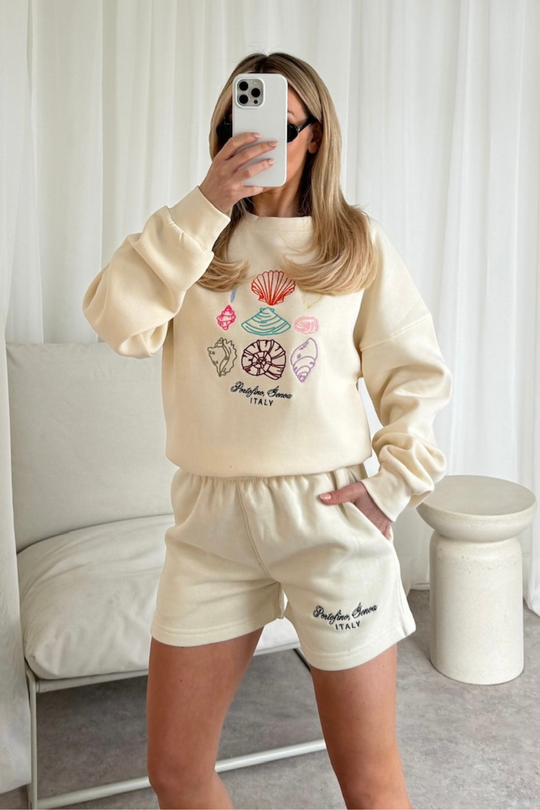 Portofino shell ecru embroidered sweater shorts loungewear