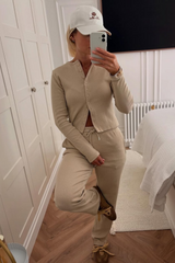 Alba stone ribbed button through top & wide leg trousers