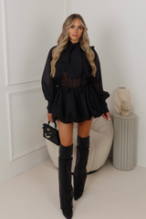 Lyla black chiffon bow blouse & puffball skirt co ord