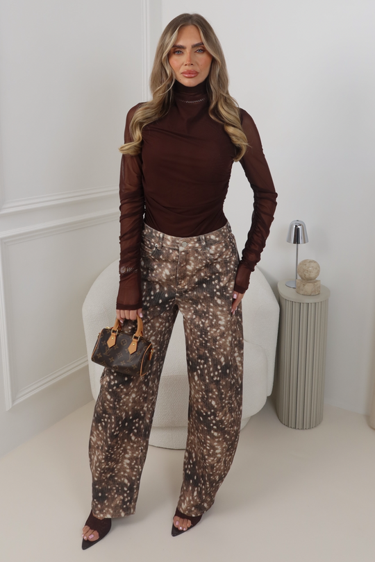 ELOWEN BROWN DEER PRINT BALLOON LEG JEANS