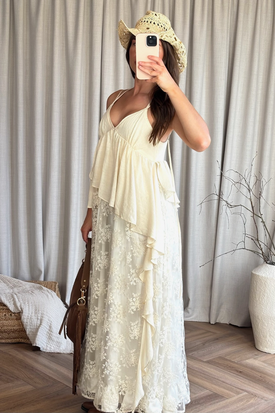 Lola beige V-neck lace maxi dress
