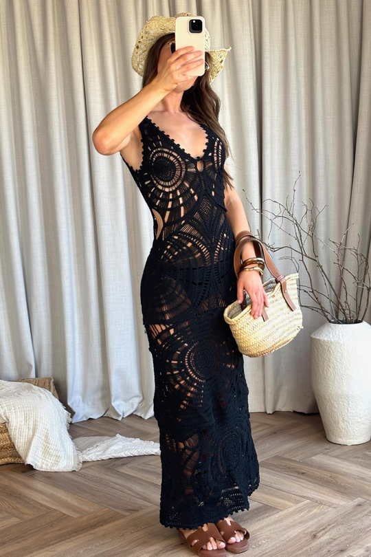 Anais black sleeveless v-neck crochet midi dress