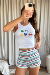 Tropical Embroidered white Ribbed Vest