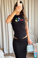 Tropical Embroidered black Ribbed Vest