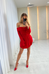 Sienna red bardot rose dress