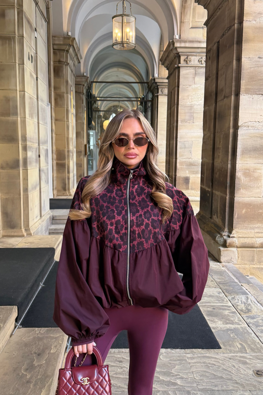 BEA BURGUNDY LEOPARD PRINT BALLOON SLEEVE JACKET