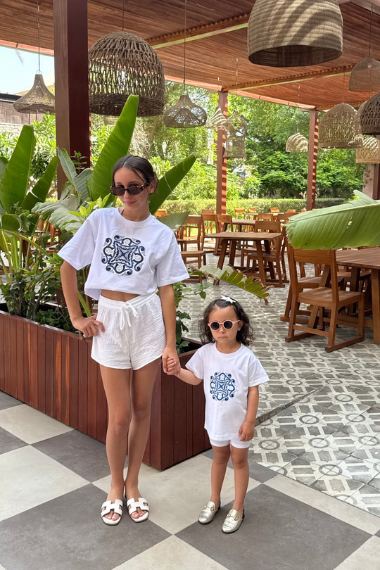 Mini blue tile white printed premium t-shirt