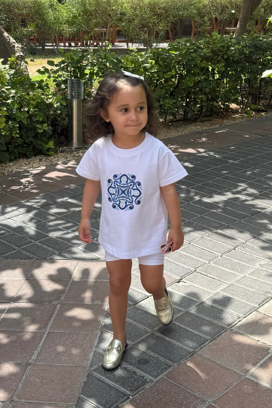 Mini baby blue tile white printed t-shirt